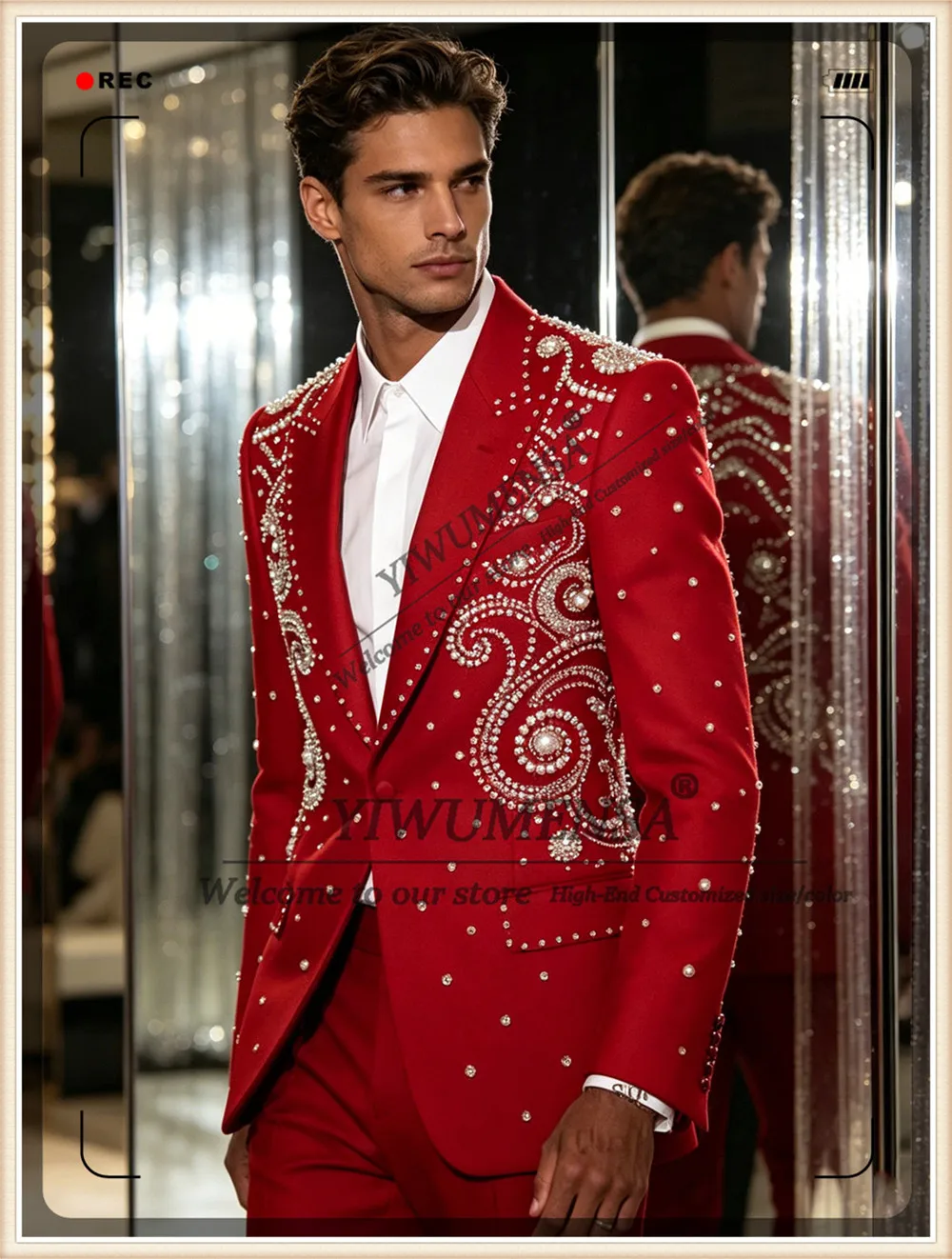 Luxury Jewelry Stones Groom Wedding Suits Slim Fit Single Breasted Jacket Pants 2 Pieces Sets Man Banquet Party Tuxedos Attire