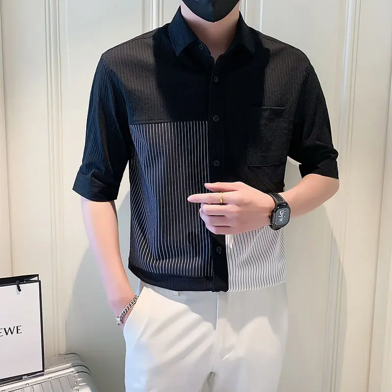 Korean Clothing Fashion Men Half Sleeve Shirts Spring Summer Contrast Color Striped Lapel Pockets Loose Streetwear Casual Tops