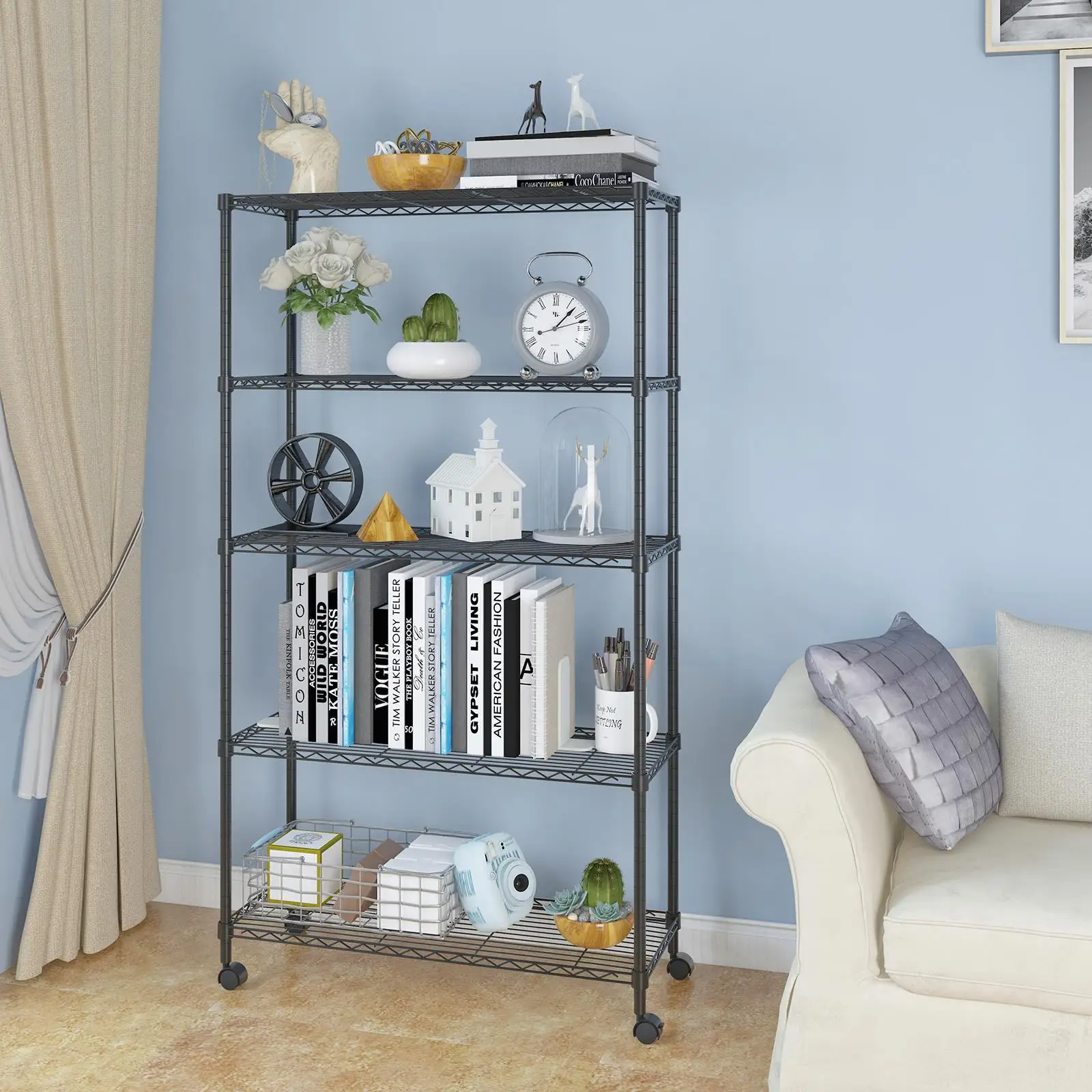 

5-Layer Iron Shelf with Plastic Coating & 1.5” Wheels - Black, 165x90x35 cm Multi-Functional Storage Solution