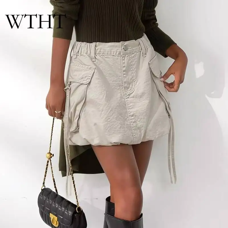WTHT Vintage Summer 2026 Women Big Pocket Design Bubble Mini Skirt New Stretch Waist A-line Cargo Denim Skirts Female 1LS3137