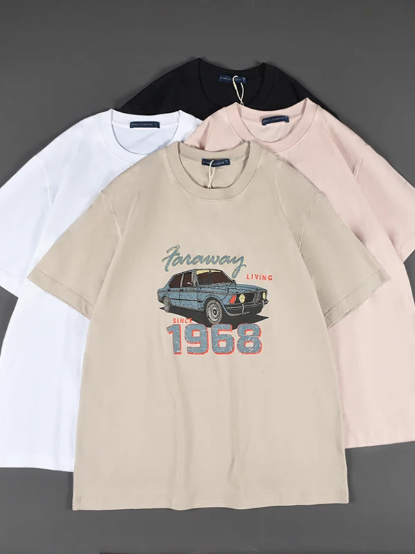 

Summer New American Retro Short-sleeved O-neck Automobile Printed T-shirt Men's Fashion 100% Cotton Washed Casual Sport Tops
