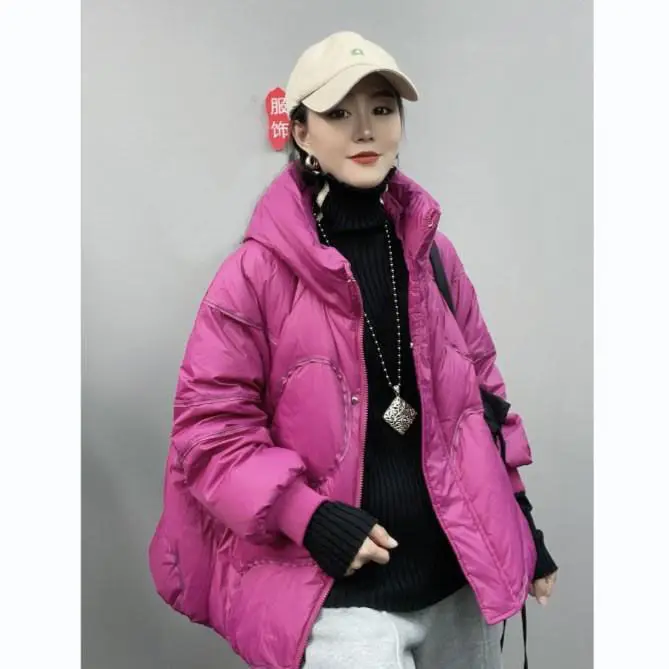 Down Jacket Women\'s Splicing Design Sense White Duck Down Short Hooded Simple And Versatile Korean Coat