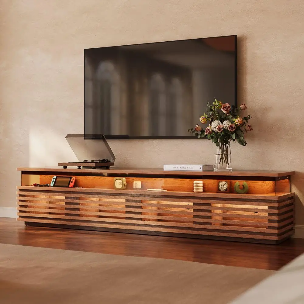 94.49'' Fully Assembled TV Stand with Adjustable LED Lights, Walnut