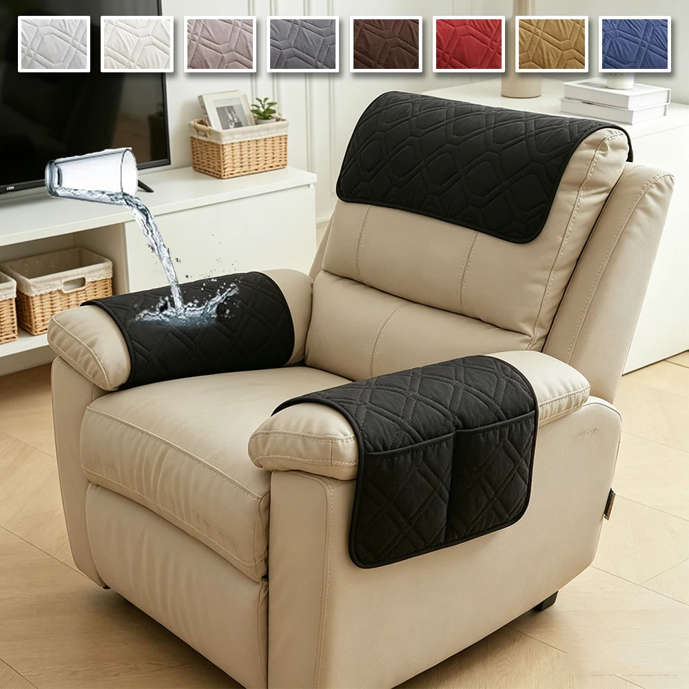 Quilted Sofa Headrest Cushion Solid Color Anti Slip Armrest Pad Armchair Handrail Towel Adjustable Furniture Protective Cover