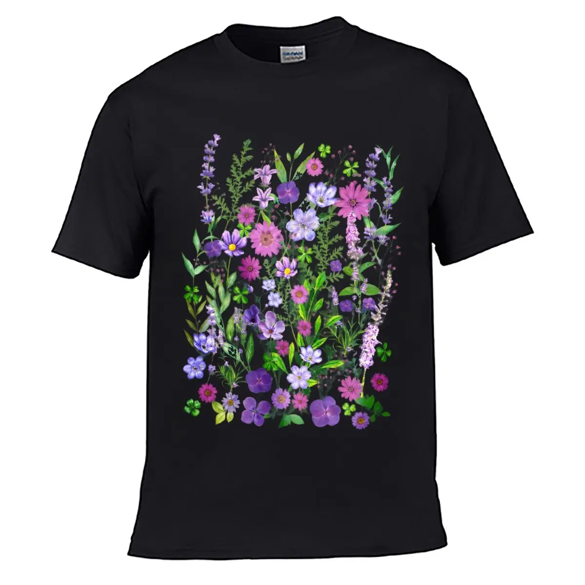 Watercolor Purple Pink Wildflower Meadow Floral Botanical Pattern Men Summer T-shirt Top