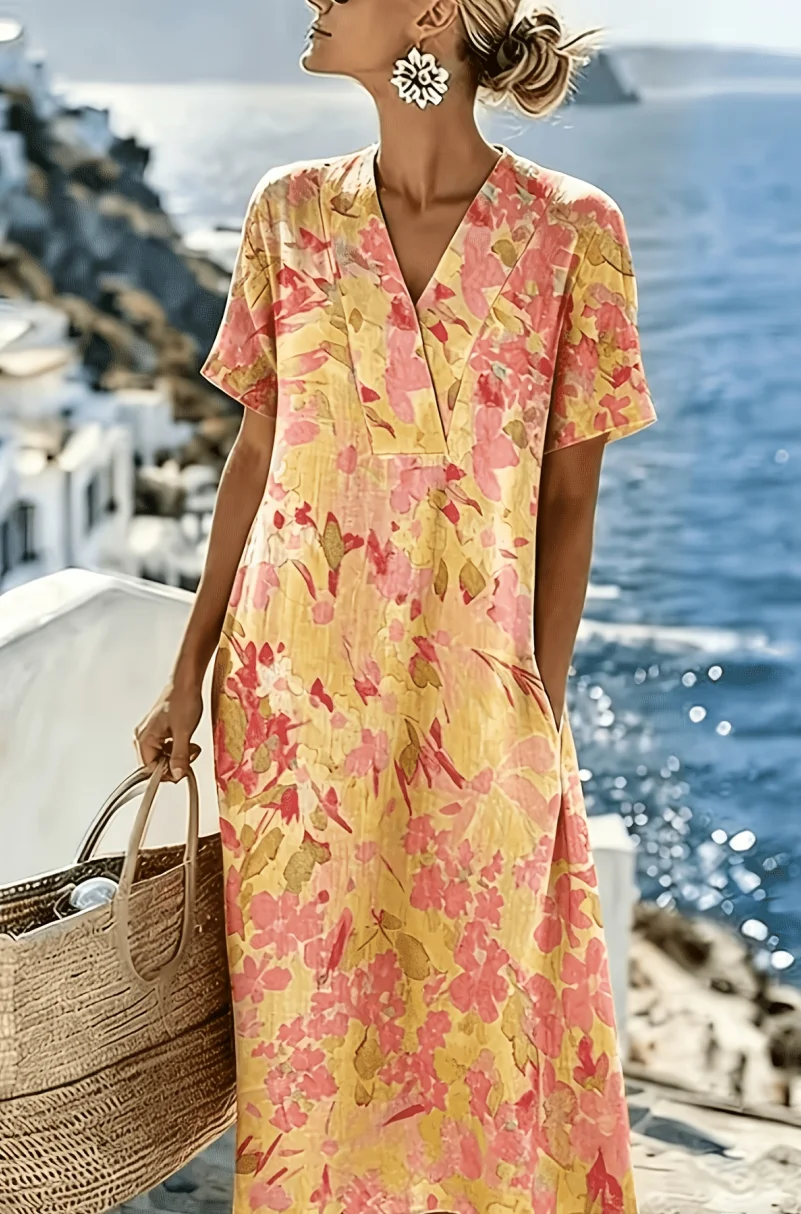 Yellow Base with Pink Floral Watercolor V-Neck Short-Sleeve Mid-Length Dress, Warm Yellow Base with Pink Floral Watercolor Gradient, Bright and Complexion-Enhancing, Brings a Sunny Vacation Vibe