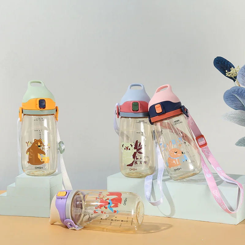 Summer Outdoor Portable Kids Water Cup Cartoon Cute Baby Straw Cup Bounce Lid Rope Student Water Bottle