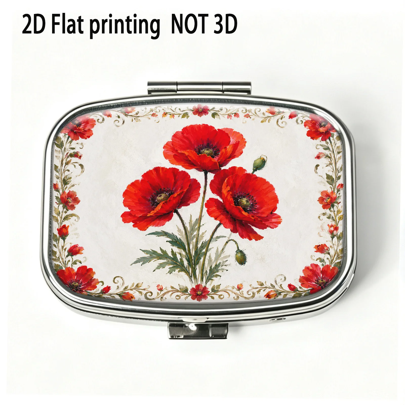 Single unit, flat, bright red floral pattern square compartment box, compact home storage box, unique design, suitable for outdoor travel and office medication reminders