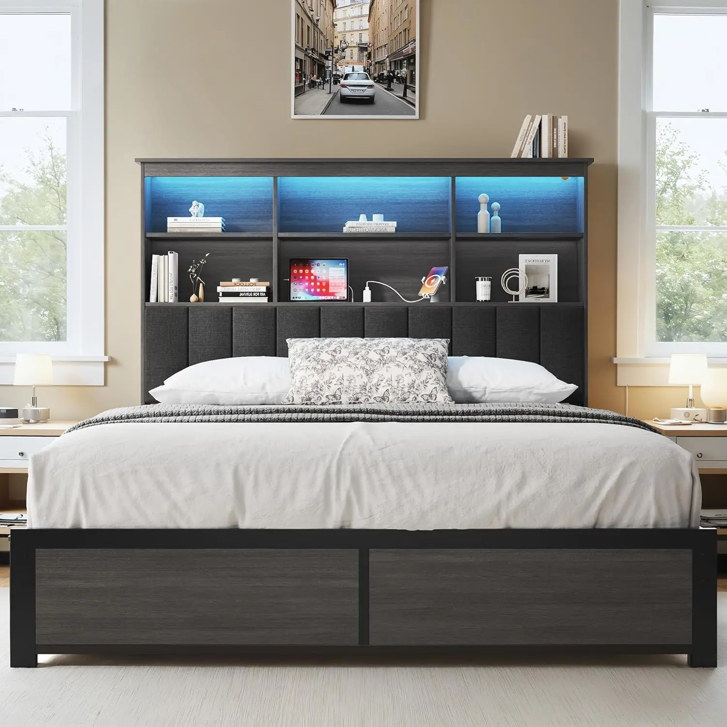 Queen Bed Frame with Storage Headboard, Wood Bed with High Storage Bookcase, 4 Drawers & LED & Charging Station,No Box Spring Ne