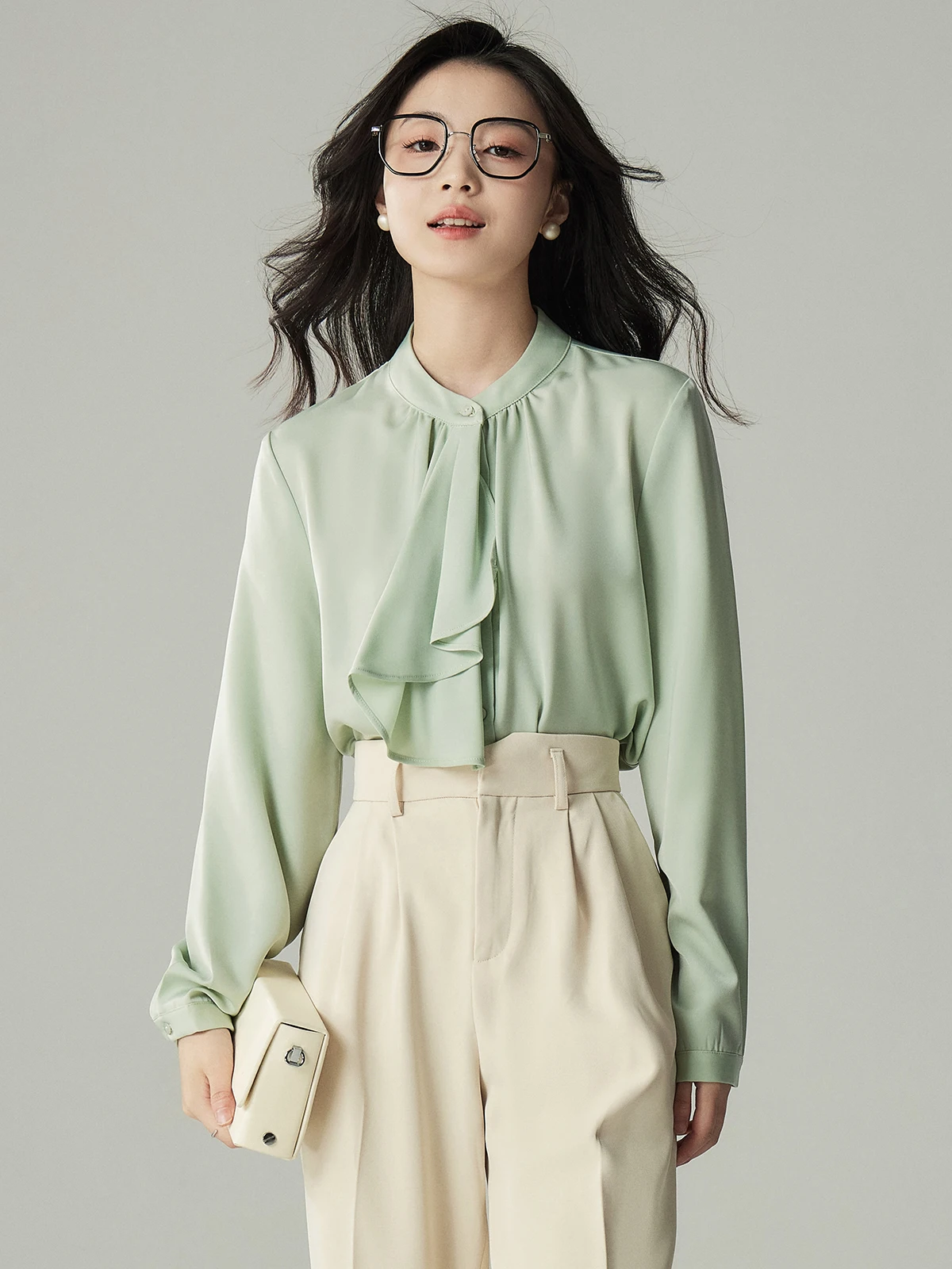 

Женская рубашка Yakejia в деловом стиле, весна-осень, с длинным рукавом, однотонная, дышащая, из смесового полиэстера