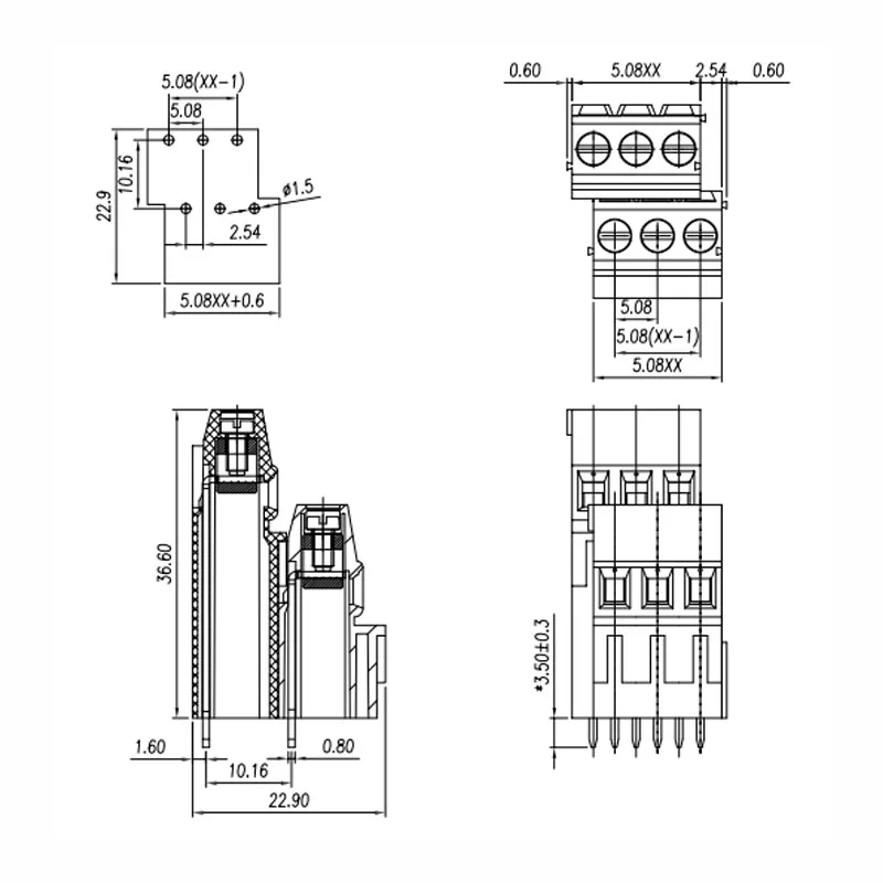 100PIN DG500BB 5.08mm 2PIN 3PIN PCB SCREW TERMINAL BLOCKS KF128AA PHOENIX E2K508A