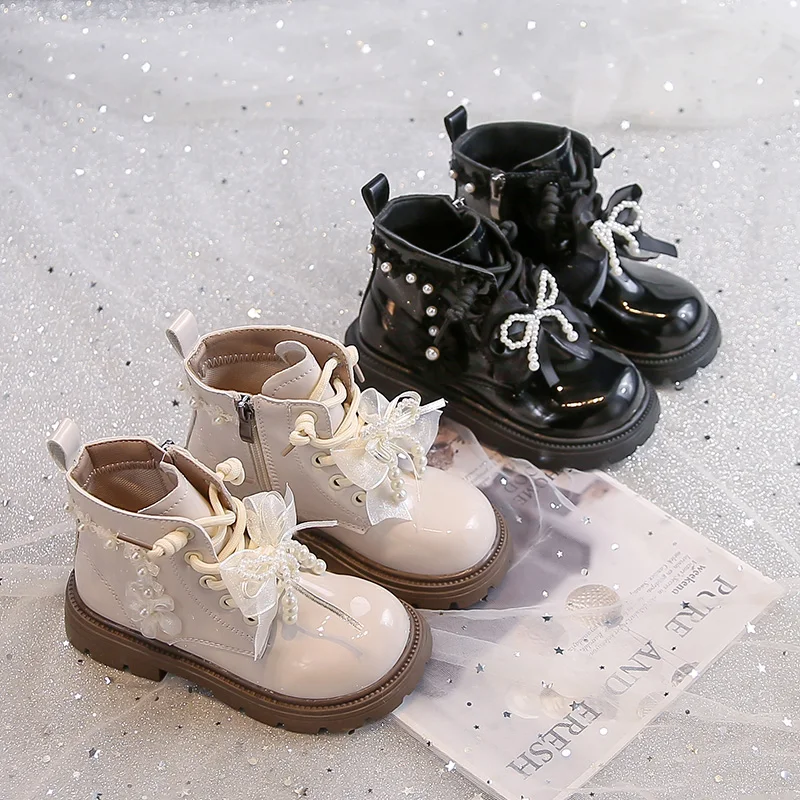 

Girls Princess Boots Sweet Lace Bows Kids Leather Boots Soild Color Versatile 2025 Autumn Winter New Girls Short Boots Side Zip