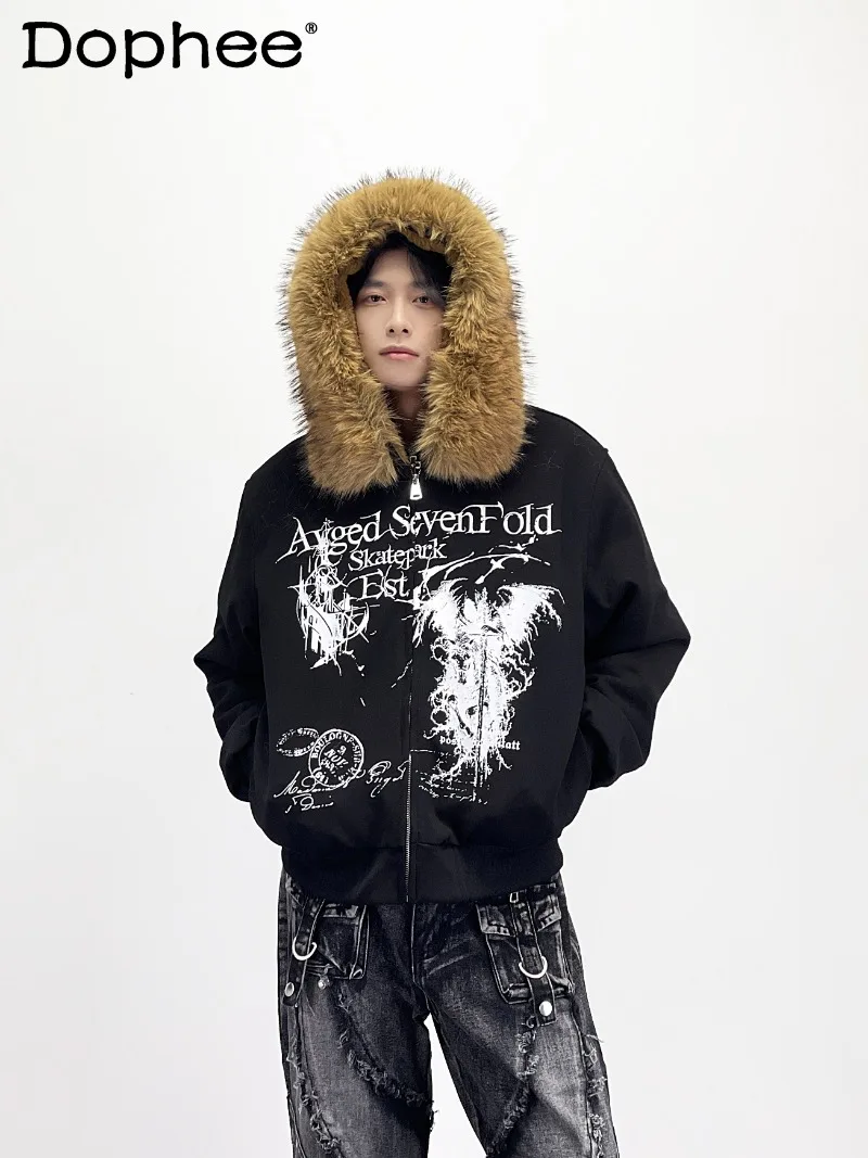 

Y2K Subculture Dark Style American Trend Fur Collar Hooded Sweatshirt Winter Warm Thick Loose Casual Jacket Unisex