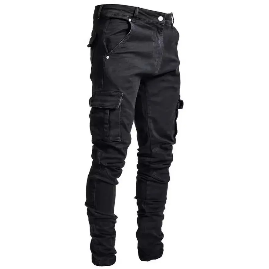 Pocket Zip Fly Jeans Slim Fit Rock with Pocket Decoration Ankle Skinny Pencil Leg Slight Stretch Mid Waist Spring Men Jeans
