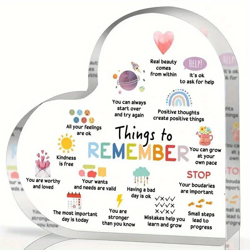 1pc, Things To Remember Positive Hints of Mental Health Heart-shaped Acrylic Desktop Decor Plaque Sign, Commemorative Birthday