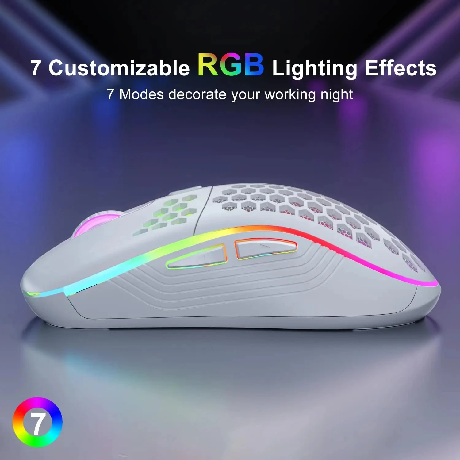 ماوس شحن لاسلكي بإضاءة RGB 2.4G مع ماوس ألعاب مريح بتصميم قرص العسل قابل للتعديل لأجهزة الكمبيوتر المحمول المكتبية