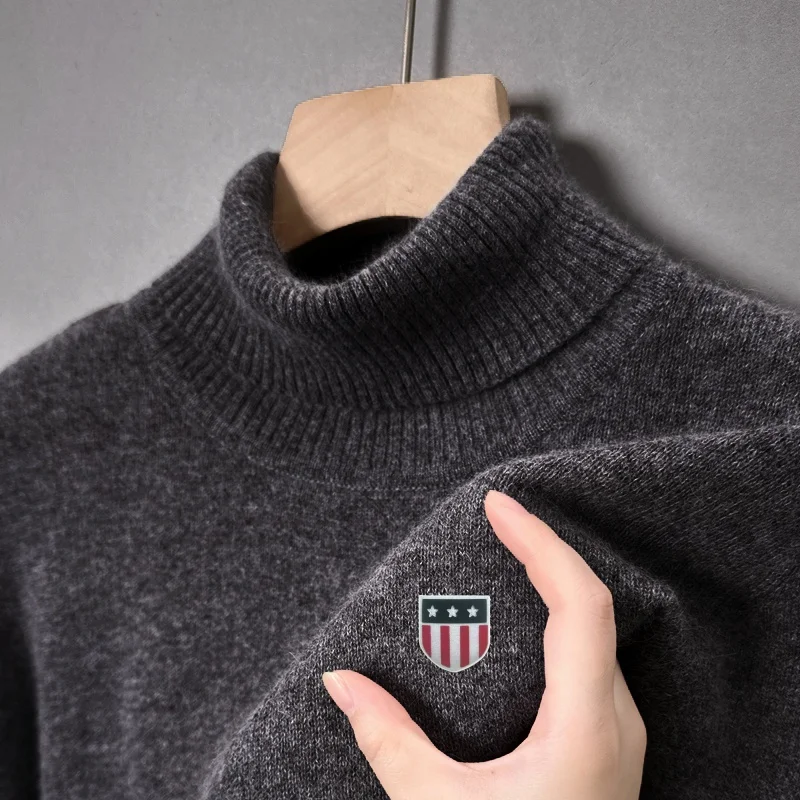 

Winter New Hot Sales Men's High Collar Thicken Knitted Sweater High Quality Flag Print Pullover Warm Fashion Casual MenswearTop