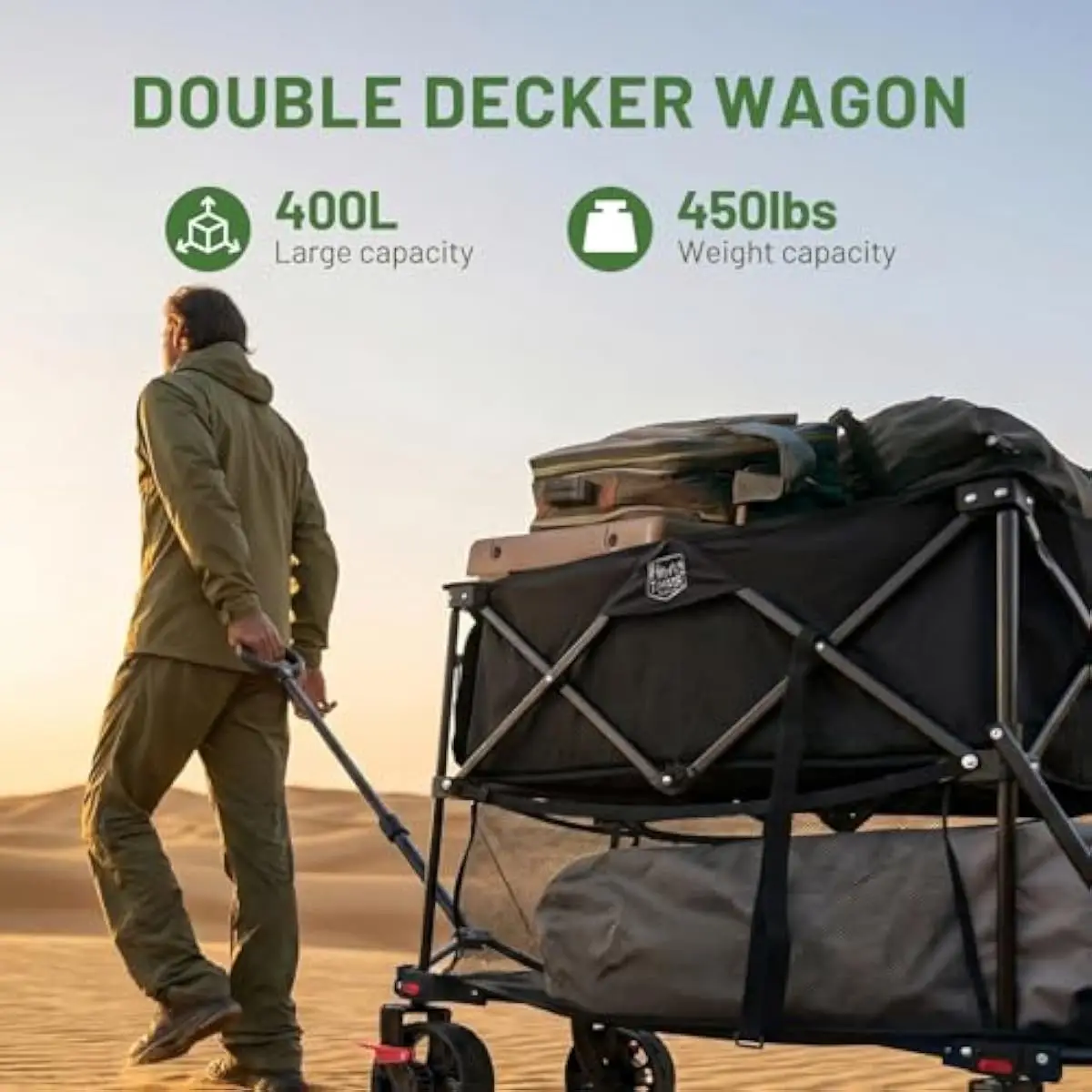400L Foldable Dual-Level Wagon with Brake System and 54 Inch Extended Lower Deck Heavy Duty Steel Frame Supports 450 Pounds Tota