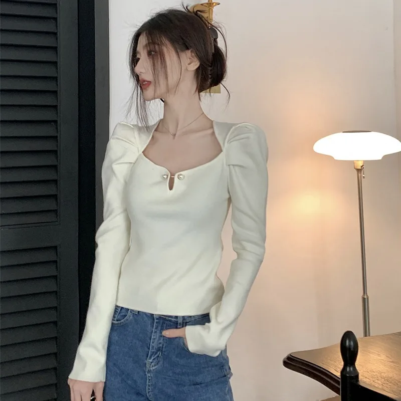 Camisetas con cuello cuadrado para mujer, diseño sólido, moda coreana única, combina con todo, corte entallado, interior de punto, informal, Popular, Otoño Invierno