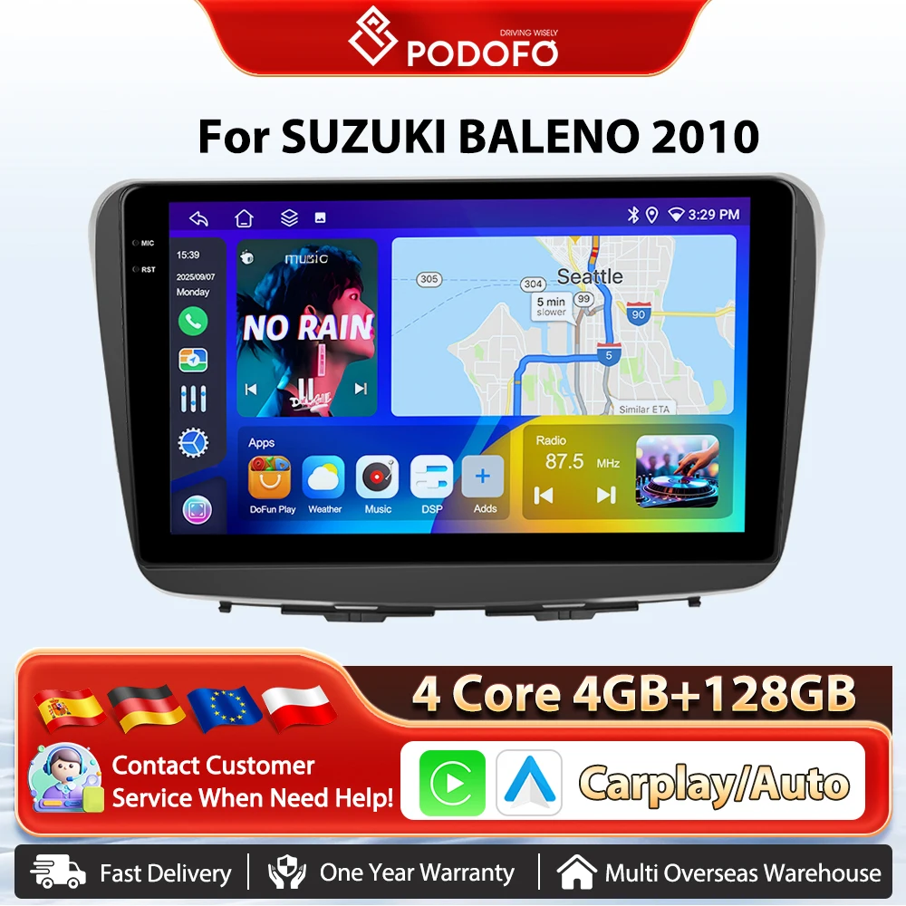 Podofo 9'' Kabelloses Carplay Android Auto Radio für SUZUKI BALENO 2010, intelligentes Fahrzeugsystem, GPS-Navigation, BT, FM/RDS, 2-DIN-Autoradio, Plug&Play-Hauptgerät, SWC, Auto-Multimedia-Stereo,