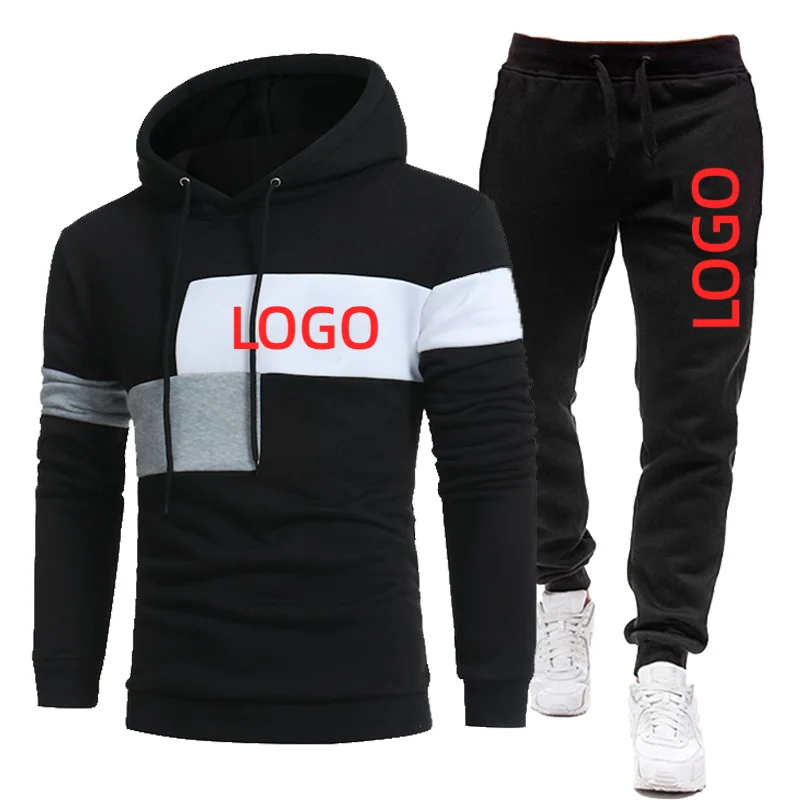 

Custom LOGO Men Tracksuit Patchwork Brand Spring Autumn Fleece Hoodies and Pants 2Piece Set Casual Fashion Sport Male Suit