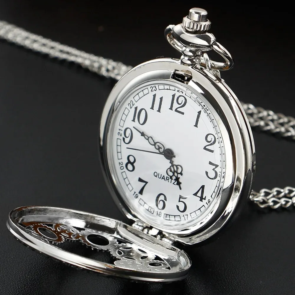 Sculptured Gear Hollow Skeleton Silver Pocket Watch Arabic Number Fob Watch Men Women Quartz Pendant Clock