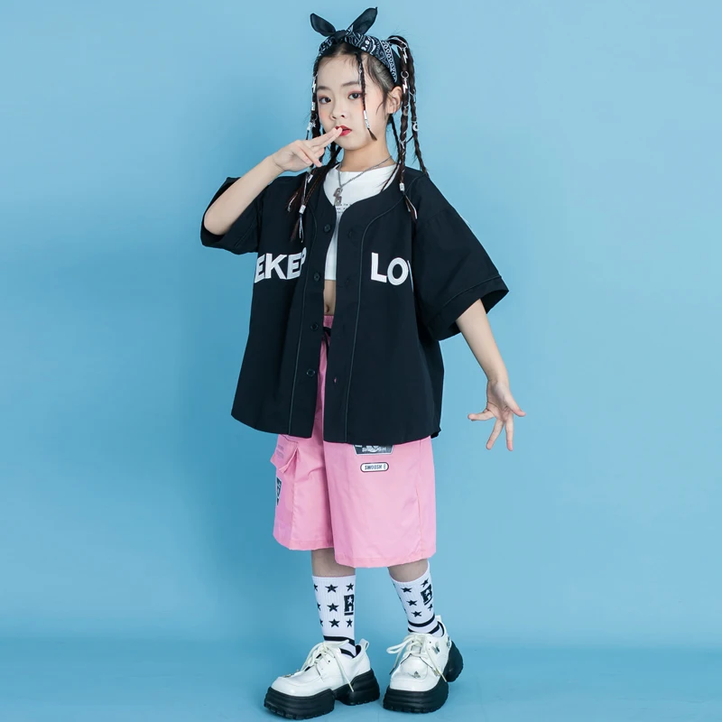 Kids Street Wear Hip Hop Clothing Balck Cardigan Baseball Shirt Tops Pink Cargo Shorts for Girl Boy Jazz Dance Costume Clothes