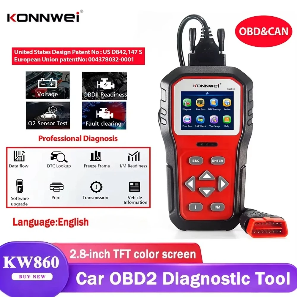 

KONNWEI KW860 Car OBD2 Diagnostic Tool Professional Battery Tester Cars I/M Readiness Oil Lamp Error Code Reader Auto Tool