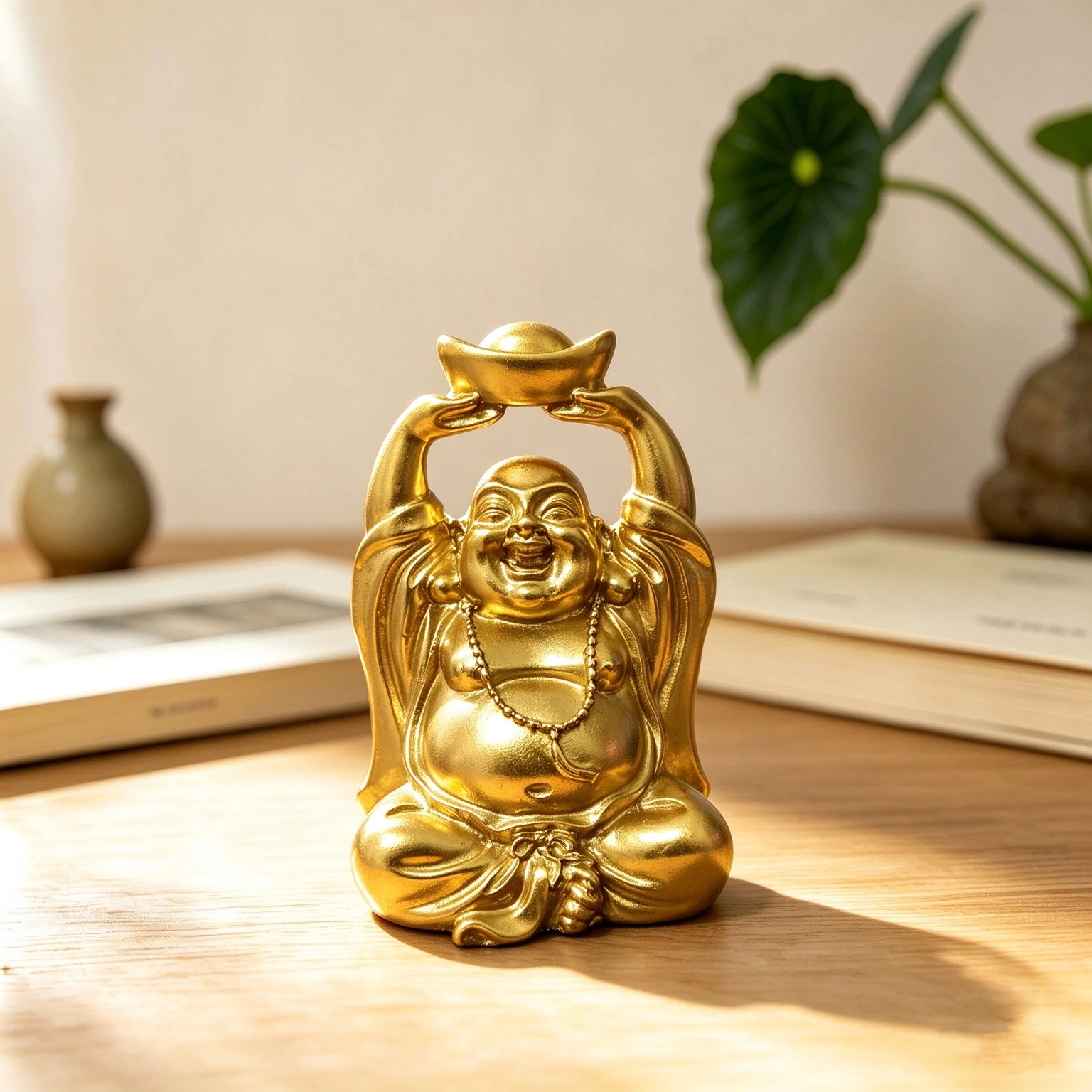 Golden & Bronze Sitting Laughing Buddha Figurine Maitreya Statue Garden Car Home Decoration (Include A Car Mat )