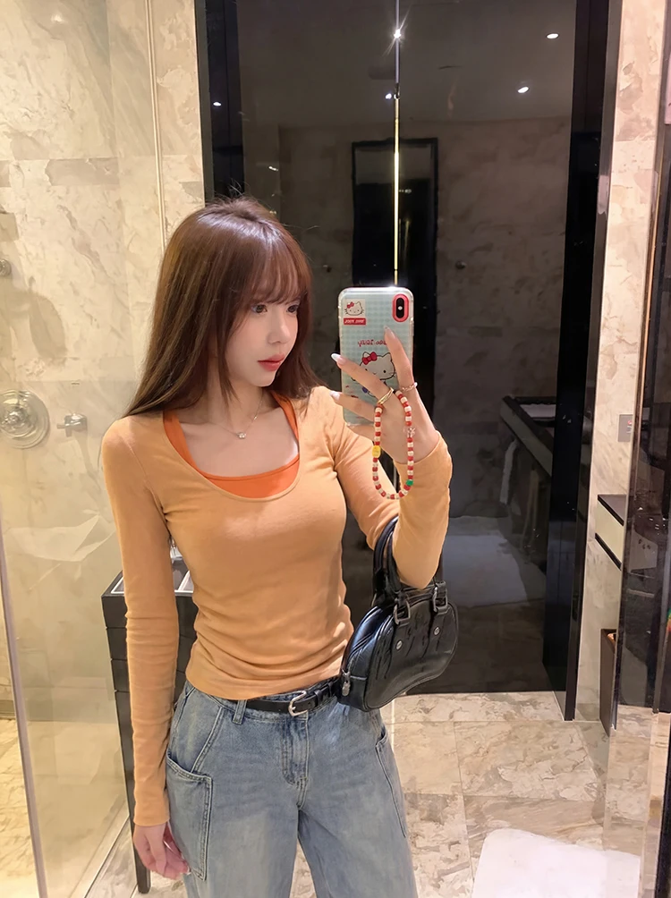 

Kumikumi Ballet Style Elastic Slim Fit U-Neck T-Shirt Women Summer Layering Orange Sexy Strap Vest Two-Piece Set Long Sleeve