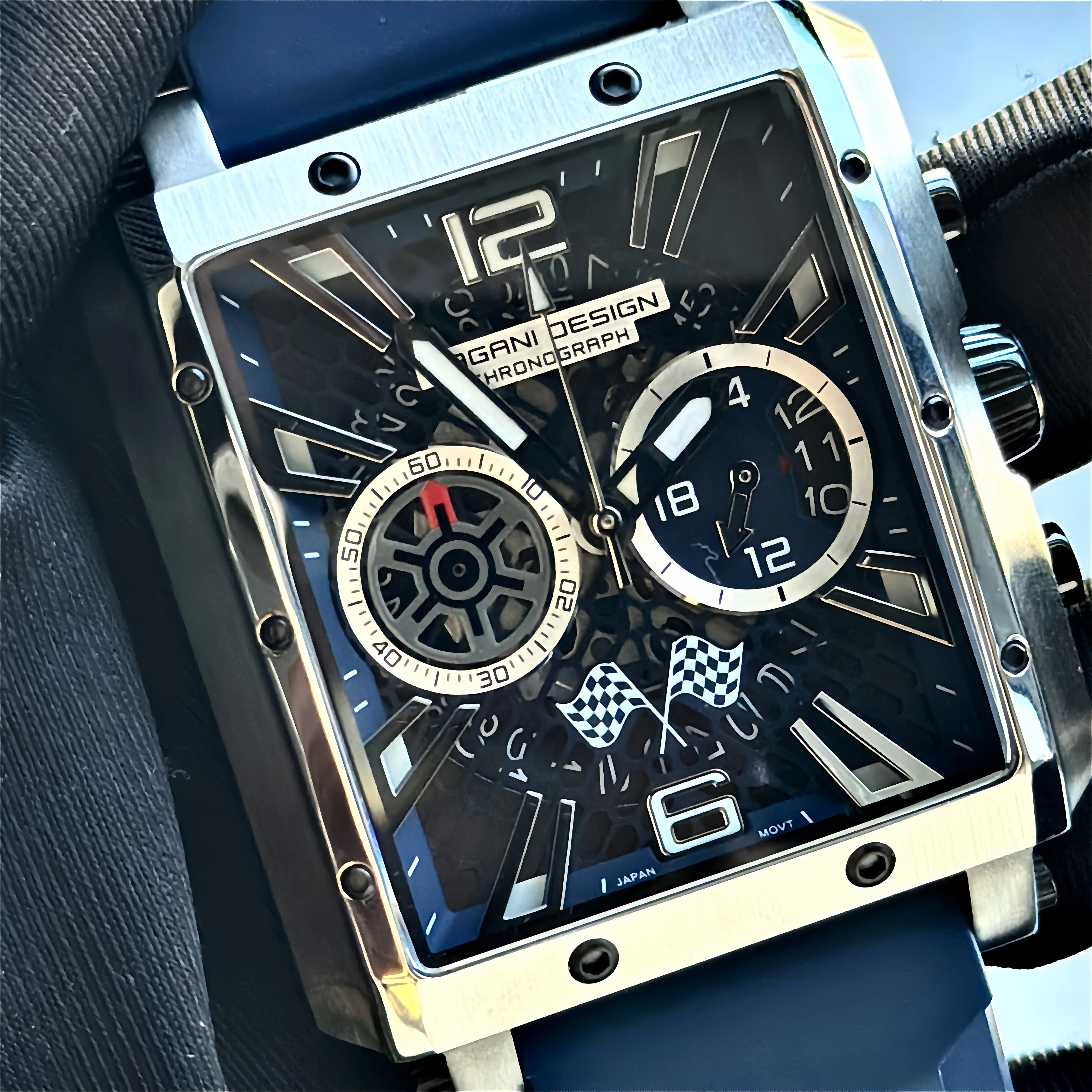 PAGANI DESIGN 2026 new model Men's Square Watch Black Gold Blue Hollow Chronograph Dial Silicone Strap Waterproof reloj hombre