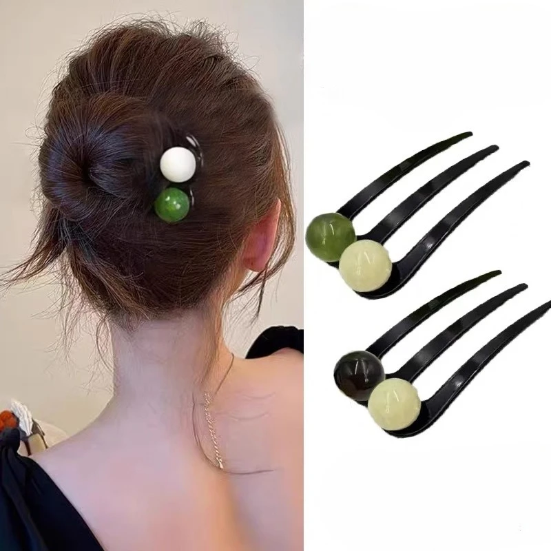 French U-shaped Hairpin Simple Elegant Three Tooth Colorful Beads Hair Stick Chinese Style Inserted Comb Hair Style Accessories
