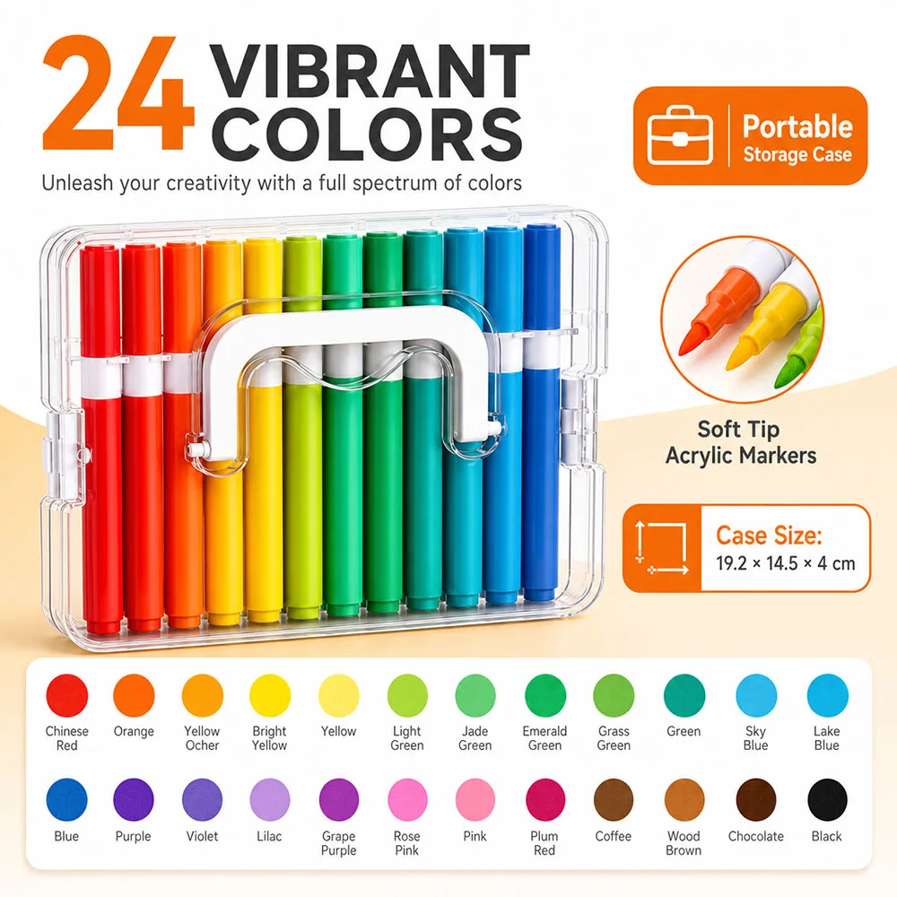 24 Colors Soft Tip Acrylic Paint Markers Pens Set for 3D Print Coloring DIY Crafts Waterproof Permanent Paint Pen