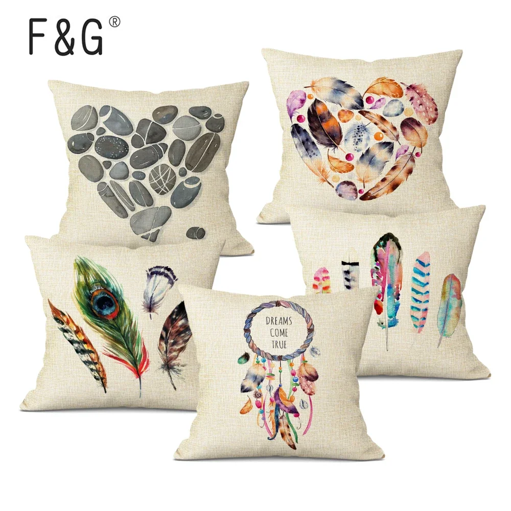 Home Decorative Pillowcase Watercolor Style Colored Feathers Sofa Cushion Cover Decorative 45x45CM Square Pillow Cover