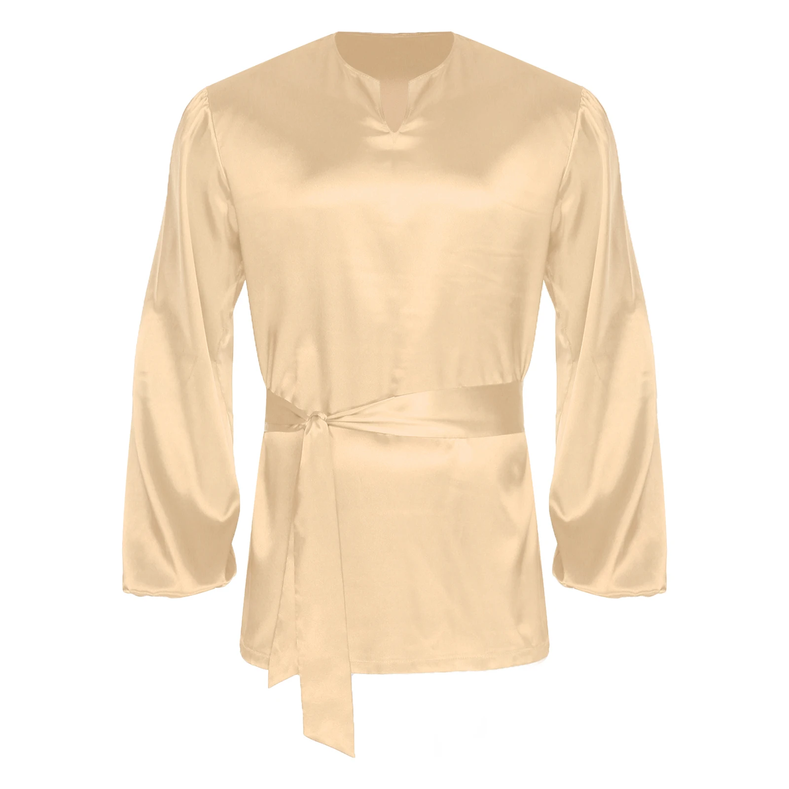 

Men Medieval Prince Costume Shirts Dancewear Liturgical Praise Worship Shirt with Belt Satiny Long Sleeve Pullover Loose Blouses