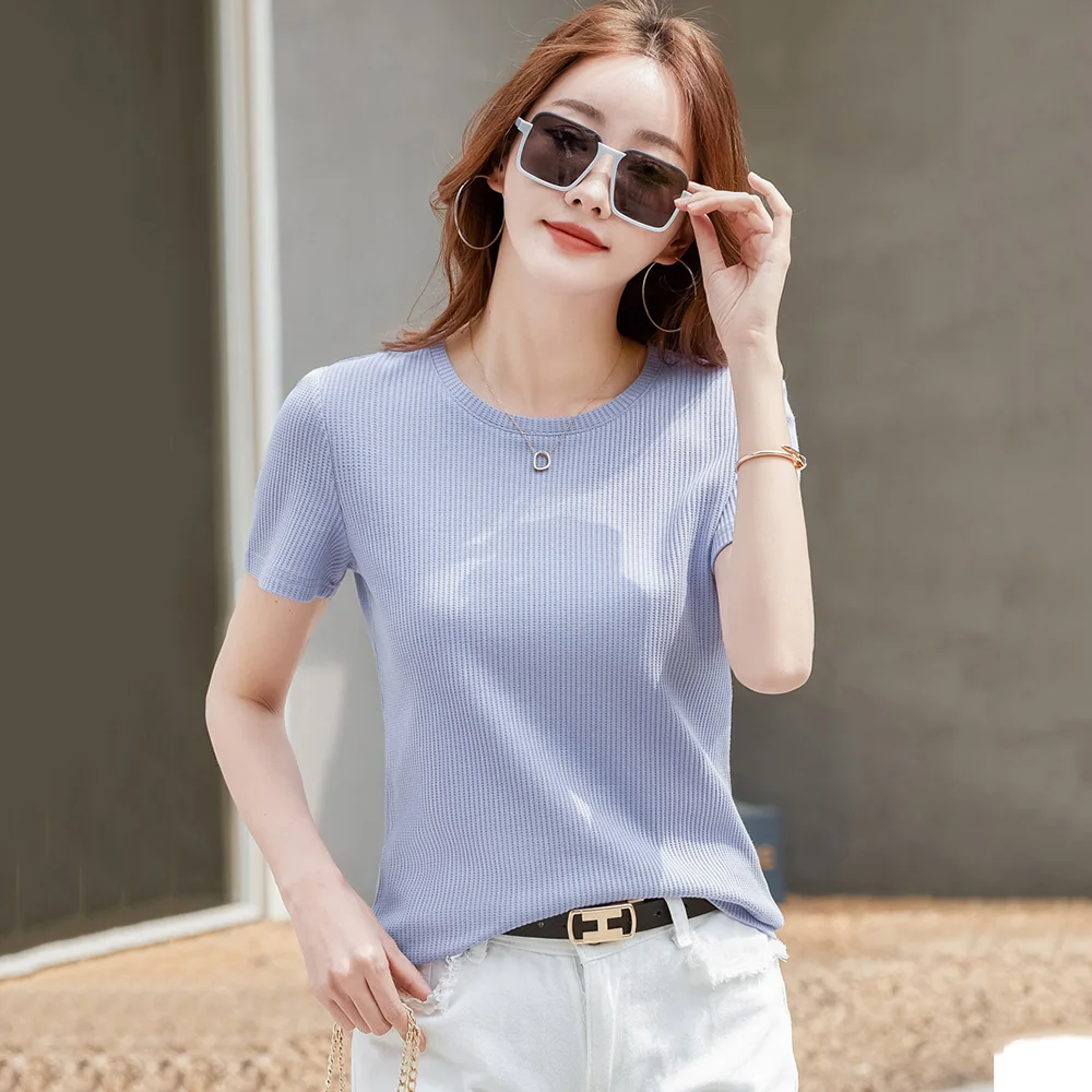 

New Women Double Side Waffle T-shirt Summer Fashion O-Neck Short Sleeve Loose Tees Tops Casual Simplicity Basic T-shirt Blue