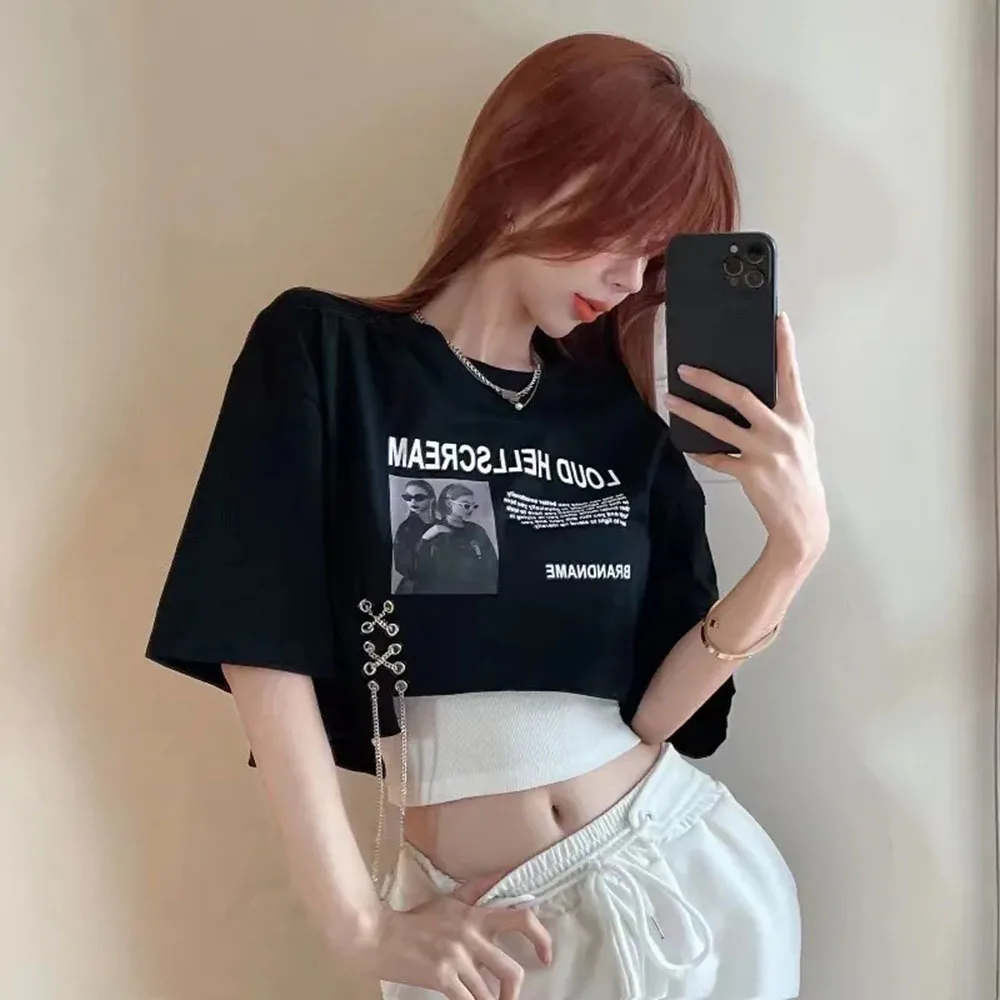 Summer New Letter Print T-shirt Women\'s Loose Open Navel Short Sleeve Hot Girls Crop Top Street Chic Female Chain Retro Tees Y2k