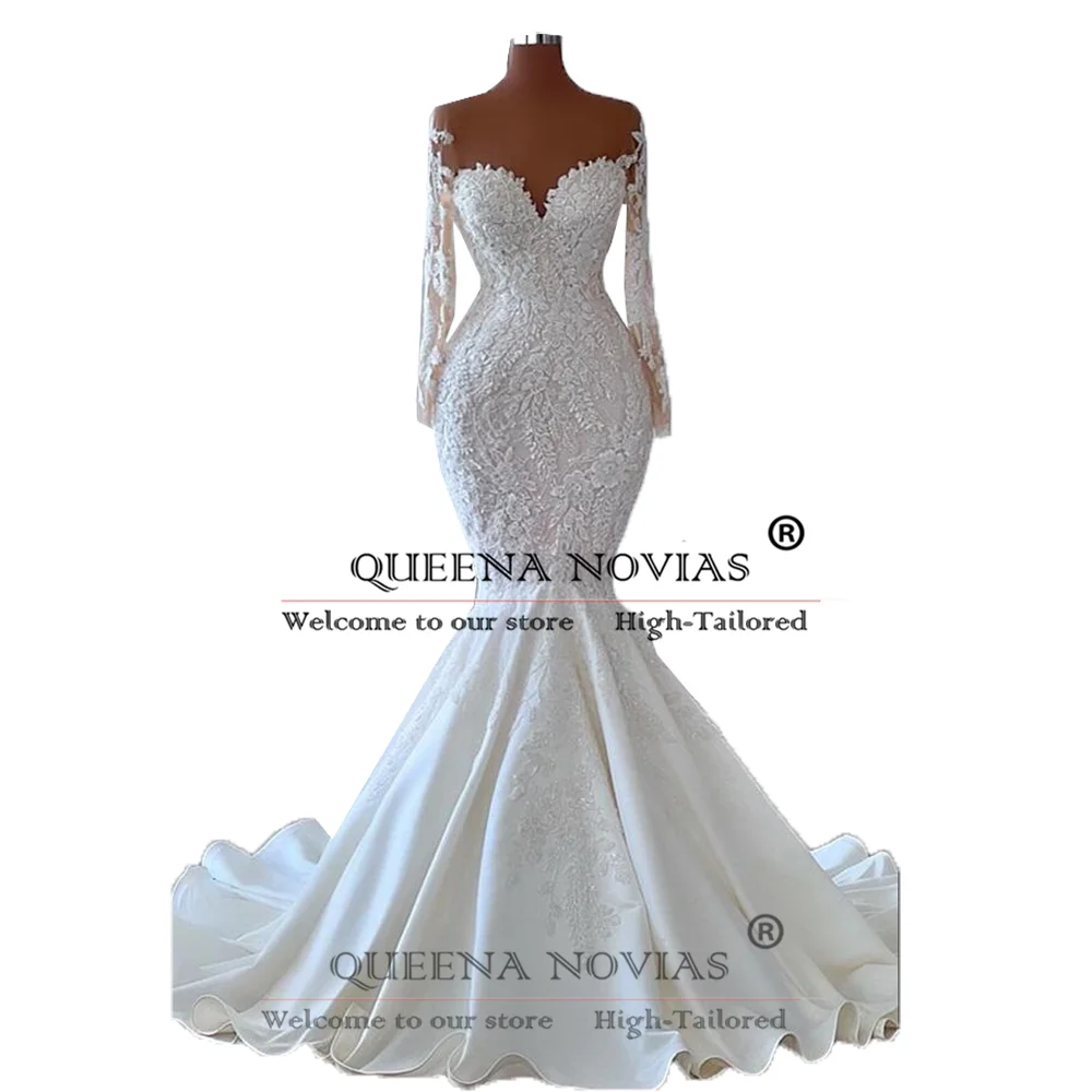 Abiti da sposa eleganti con scollo a O con applicazioni in pizzo Sposa africana Matrimonio Abiti da sposa a sirena in raso Abito da ricevimento personalizzato per donna