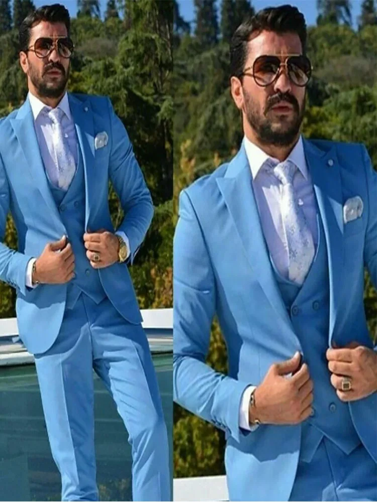 

2024The New Formal Fashion Blue Suits For Men's Groom Wedding Wear Suits Slim Tuxedos Peak Lapel Custom Made 3 Pieces