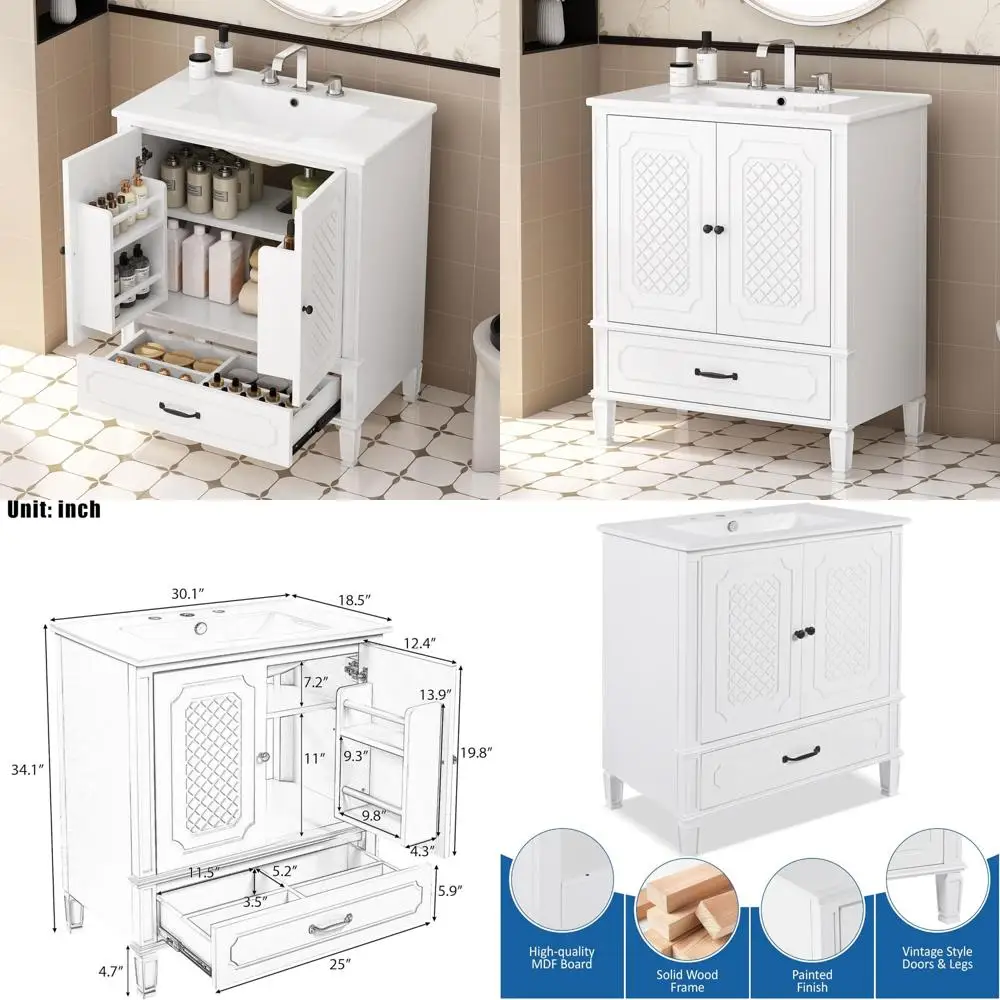 

30" white ceramic sink vanity with 2-door storage cabinet for bathroom