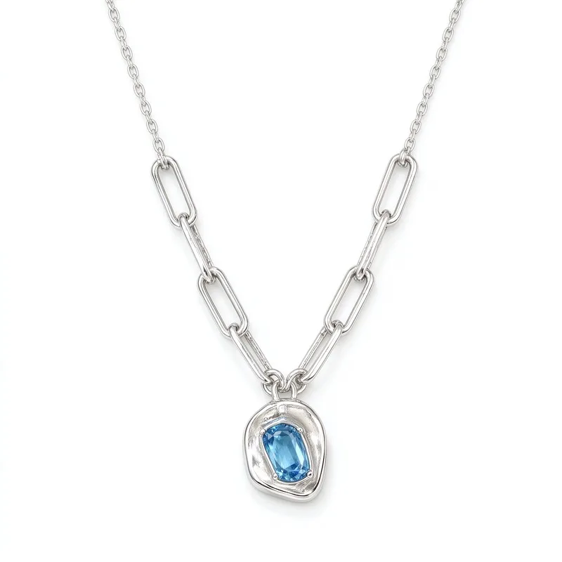 Silver Gemstone Necklace for Women, Blue Sapphire Drop Pendant Chain, 45+6cm with Extender, High Quality Alloy, Hypoallergenic, Polished Mirror Finish, Minimalist Elegant Jewelry, Trendy Layering Statement Necklace, Versatile, Nice Gift, Easy to Match
