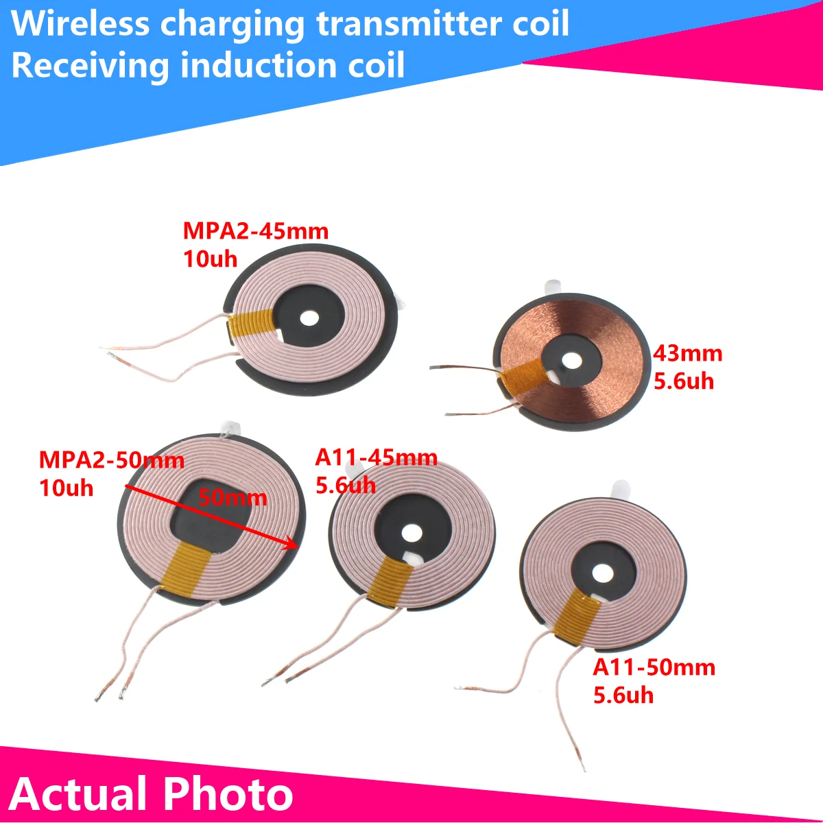 

Катушка передатчика беспроводной зарядки MPA2 A11, приемная индукционной катушки, стандарт QI 6,5UH10UH, круглая, 50 мм