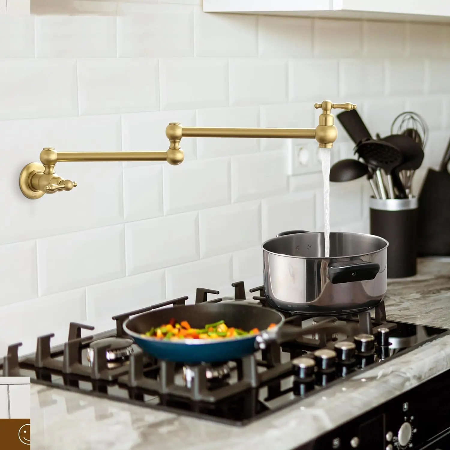 Brushed Gold Pot Filler Faucet, Brass Wall Mount Stove Faucet, Double Handle Folding Pasta Faucet Over Stove, Kitchen Pot Faucet