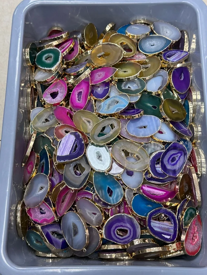 6pcs/lot Irregular Agate Slice Pendant with Gold Electroplated Edge Charms for Jewelry Making Accessories