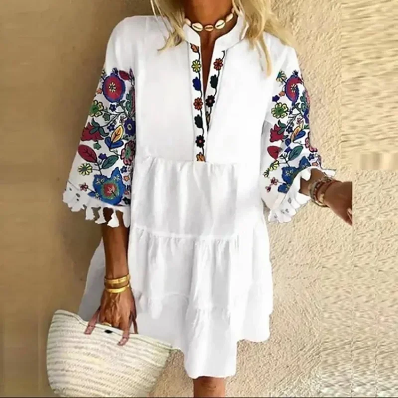 

Casual Vintage Print Mini Dress Woman V Neck Summer Dress Patchwork Loose Beach Dresses Ladies Bohemian Ruffles Vestido Платье