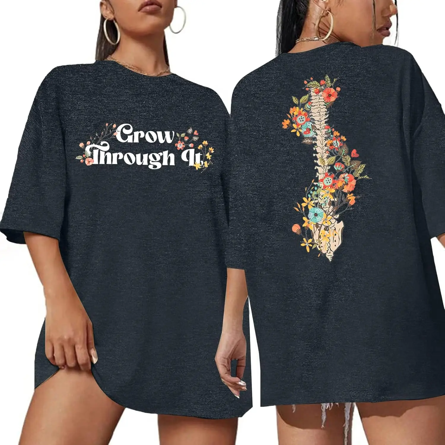 Mental Health Awareness Shirt Women: Grow Through It Tshirt Boho Floral Graphic Tees Oversized Short Sleeve Tee Tops