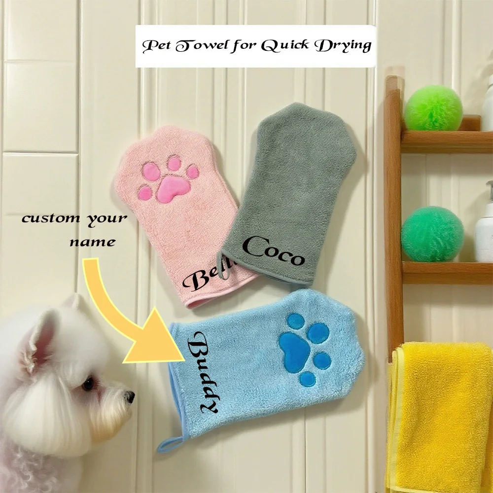 

Custom Name Pet Bath Delicate Glove Exquisite Design Soft Elastic Fabric Wearable Glove for Dog Cat Small Pets Home Bathing Use