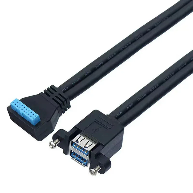 Motherboard USB 3.0 Right Angle Connector 19/20Pin to 2 USB-A Female Port Internal Extension Cable for Desktop PC Computer