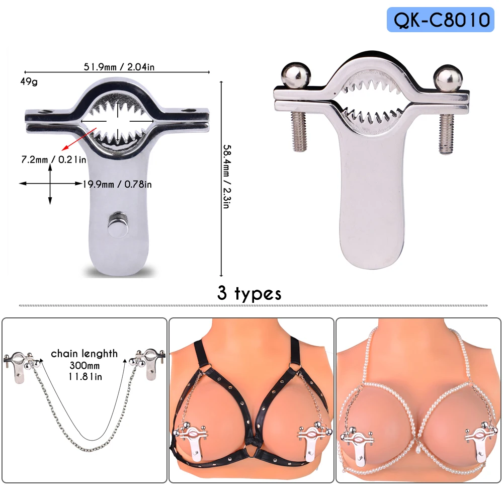 FRRK Animal Teeths Bite Metal Nipple Clamps with Chain Sex Clothespins Chest Clips Restraints Flirting Papilla Couples Play Toys