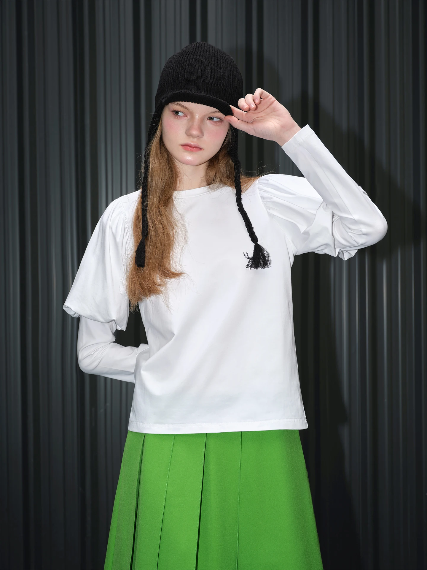 

White Pure Cotton Long Sve T-irt Women's Bubble Sve Simple High-End Design Spring Summer New Arrival Street Sle